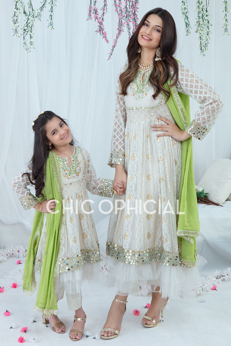 Ivory Green Pishwas Mother Daughter Combo