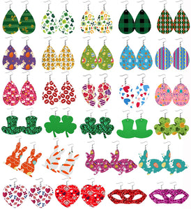 30 Pairs Valentines Day Earrings St Patricks Day Easter Faux Leather Earrings Set for Women Multipack Teardrop Drop Leather Earrings Heart Gnome
